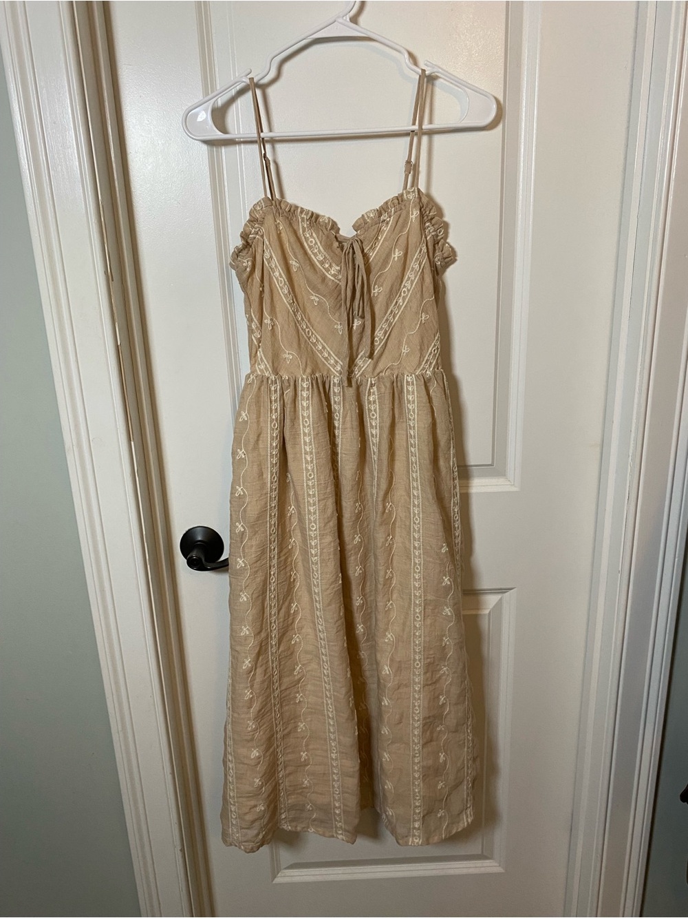 ILLA ILLA Beige Embroidered Midi Dress with Spaghetti Straps